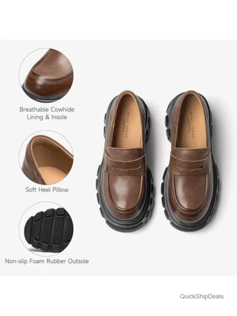 Women's Leather Chunky Platform Loafers Dressy Anti-Slip